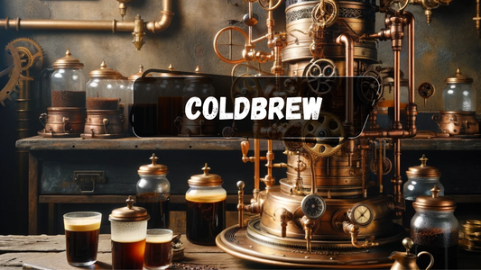 Une machine à fabrication de Coldbrew entouré de différents contenant de Coldbrew et de grain de cafés dans une ambiance steampunk