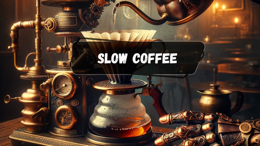 Un café de spécialité fait avec une machine slow coffee V60 dans une ambiance steampunk