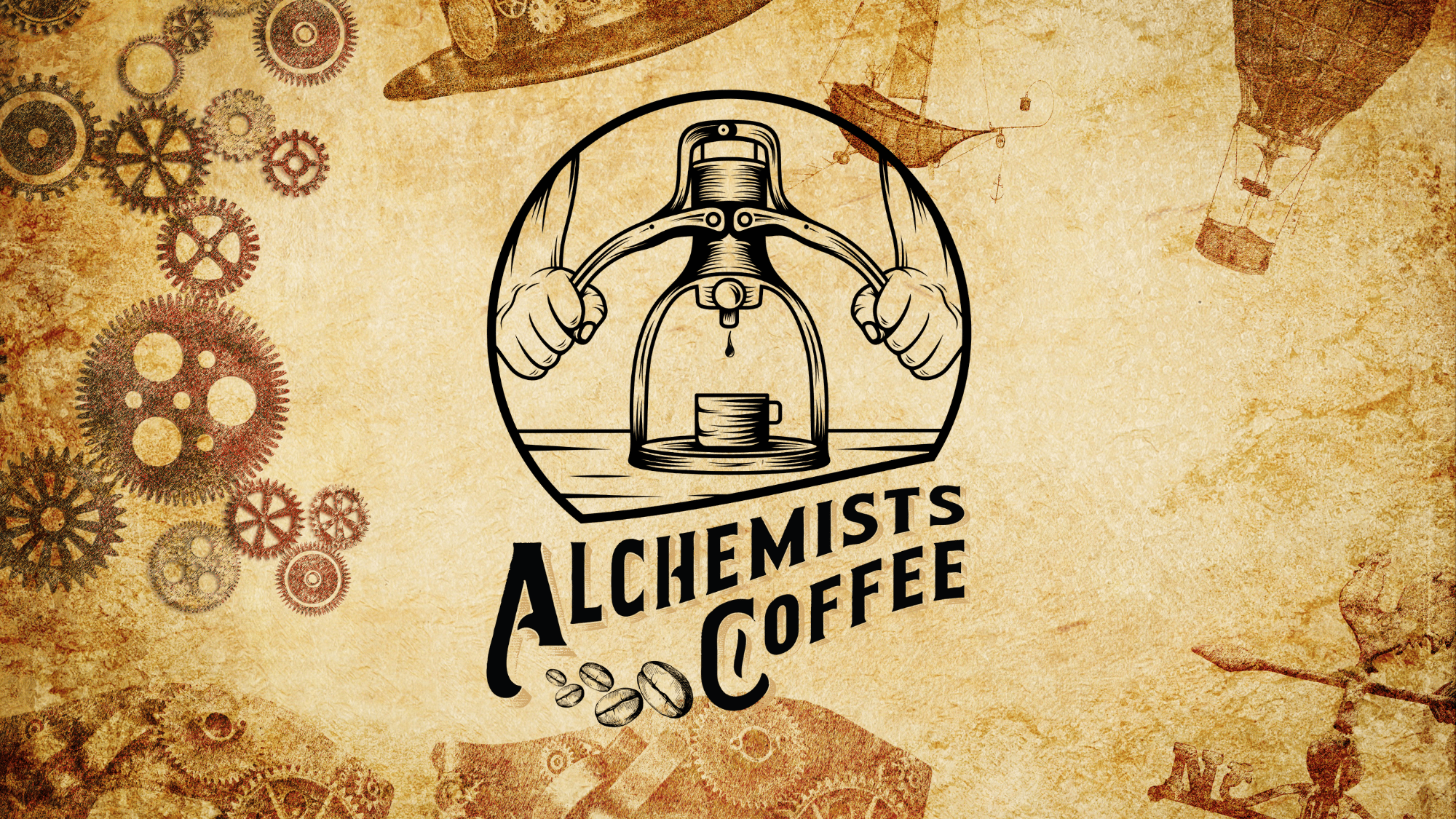 Logo de la marque de café de spécialité Alchemists Coffee sur un fond steampunk